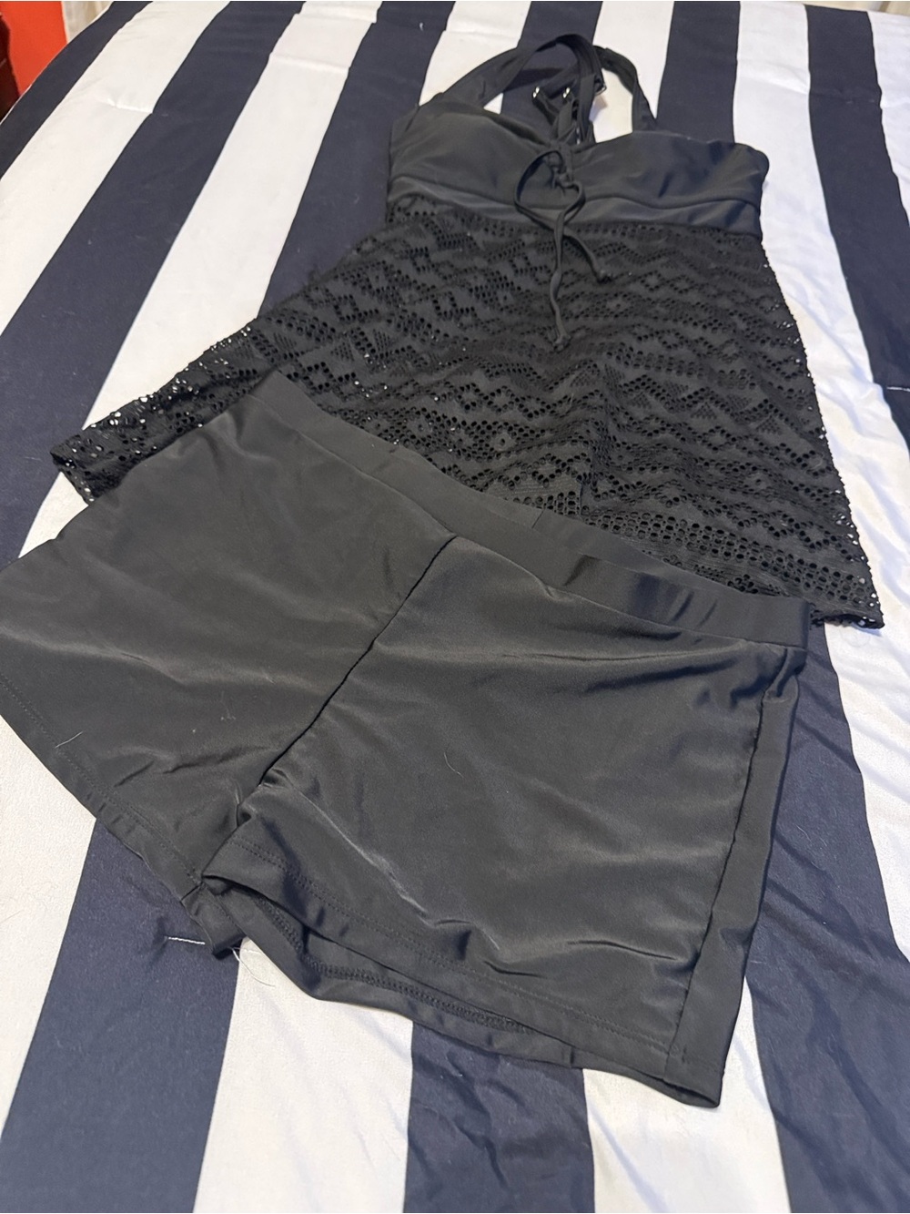 Black Lace Halter Tankini with Matching Swim Shorts size large